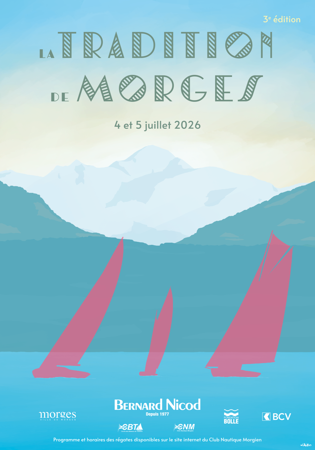 Affiche de la Tradition de Morges 2026 : voiliers roses sur le Léman devant les Alpes.